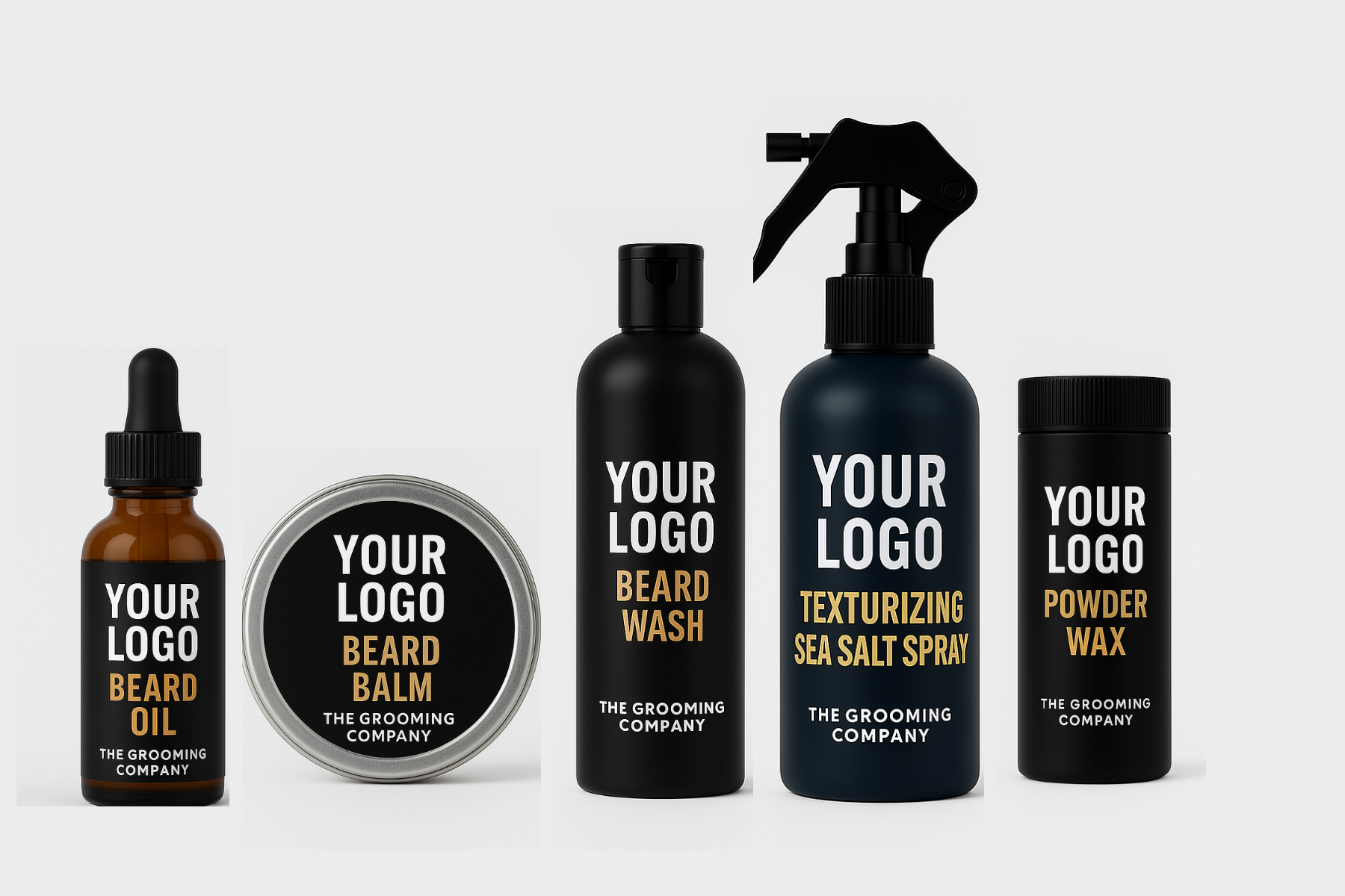 Set of grooming products with customizable labels on a white background
